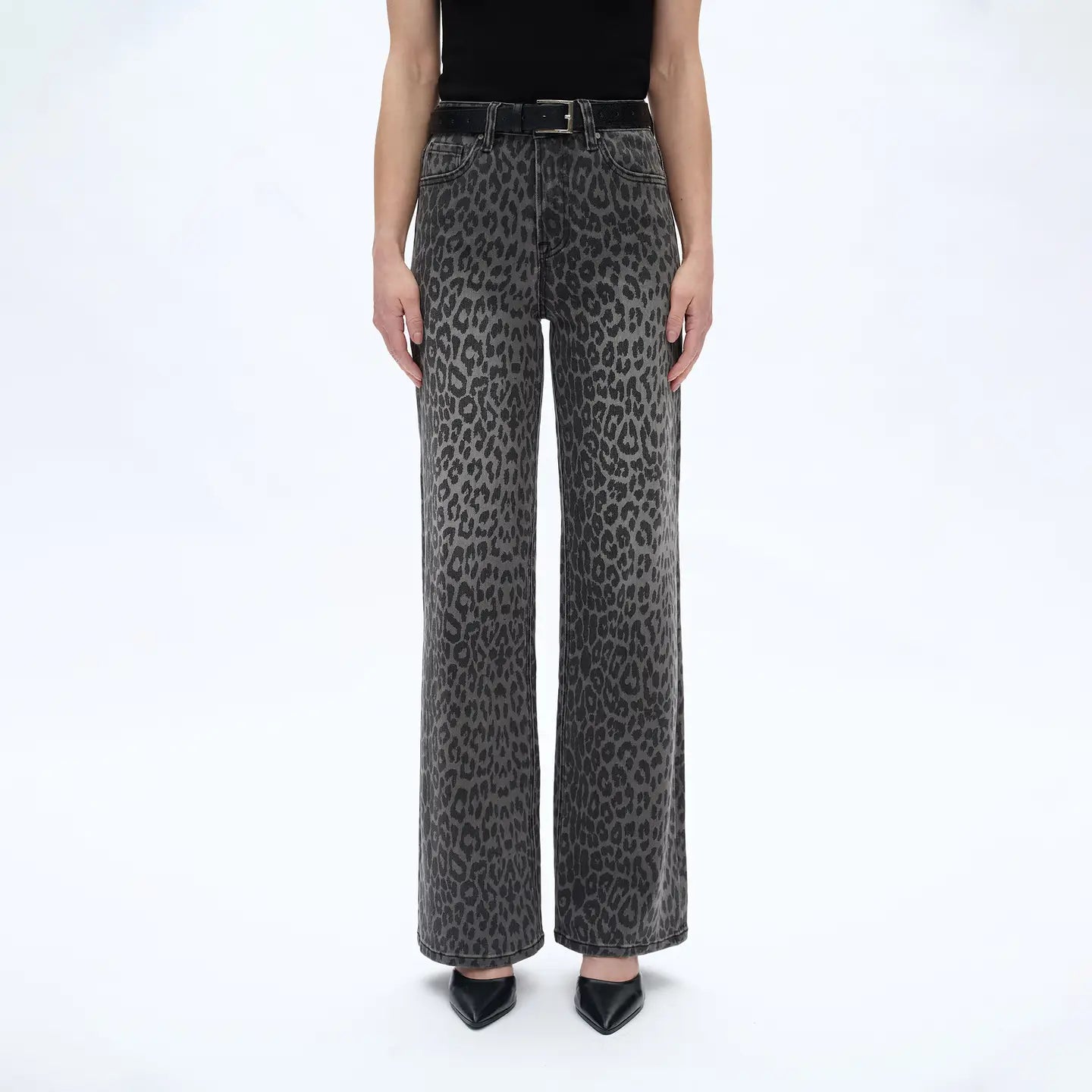 gray high rise leopard print denim