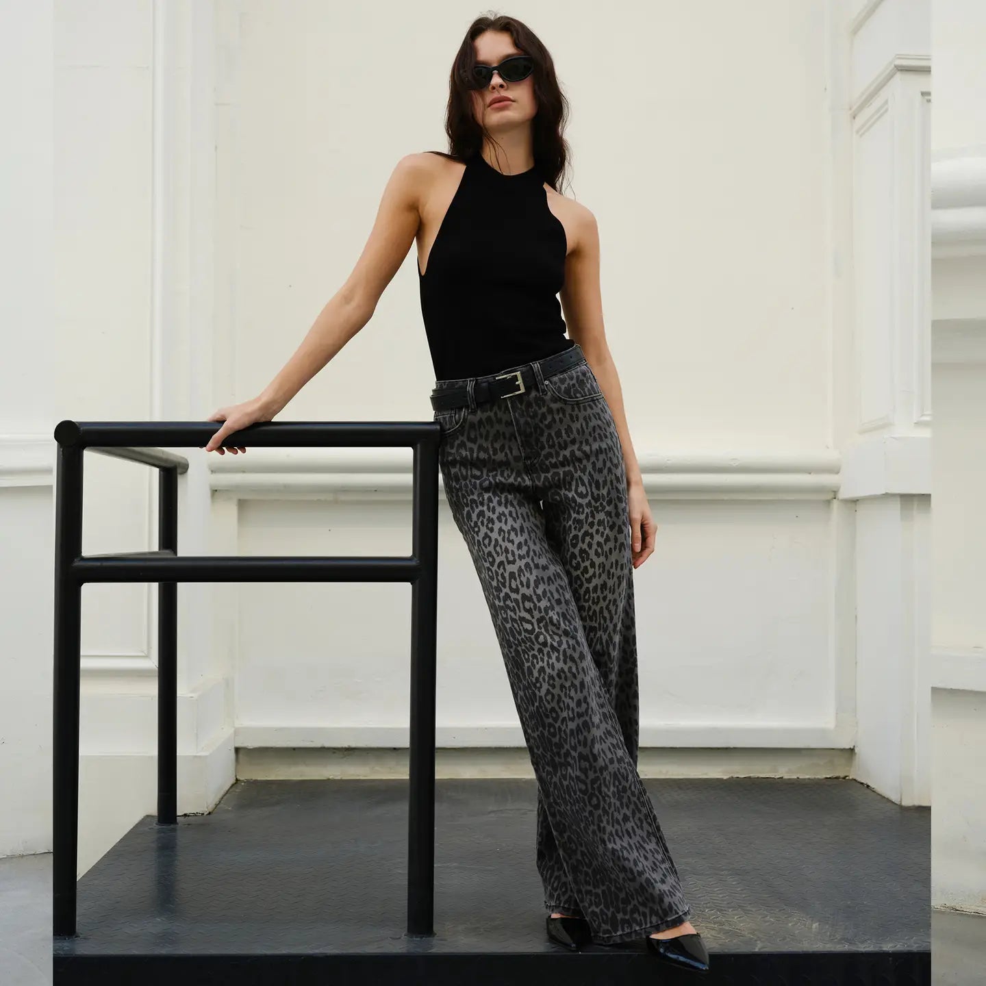 gray high rise leopard print denim