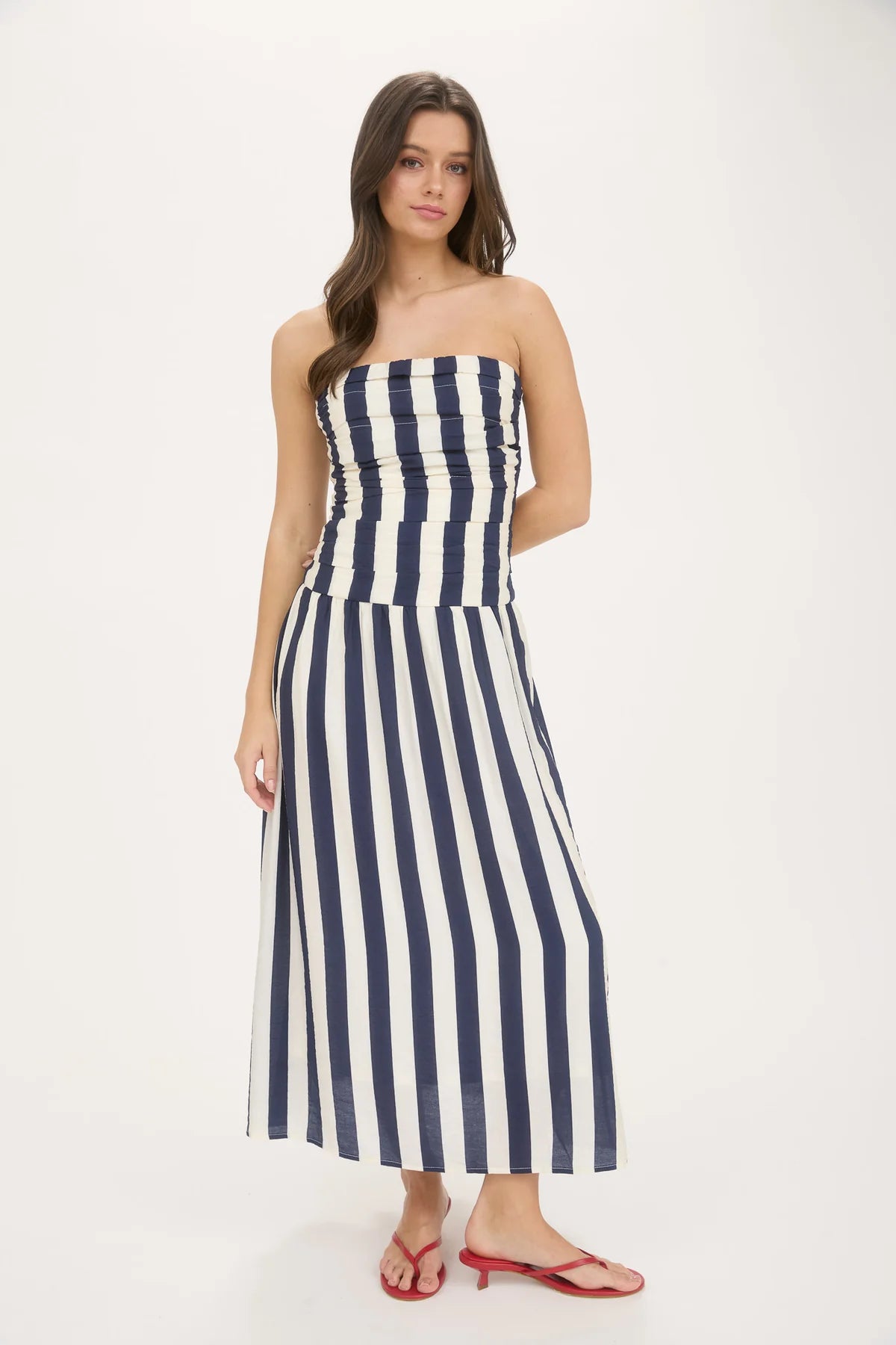 navy vertical stripe strapless midi dress
