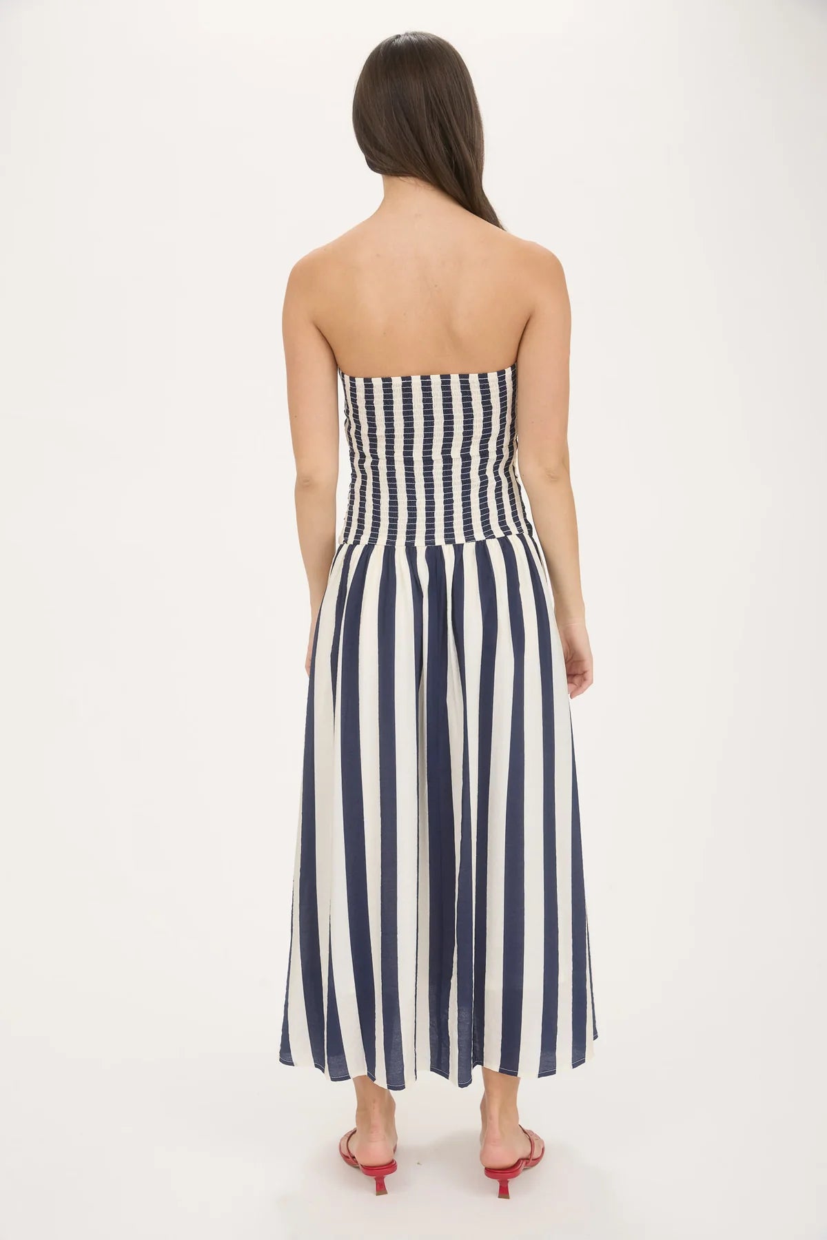 navy vertical stripe strapless midi dress