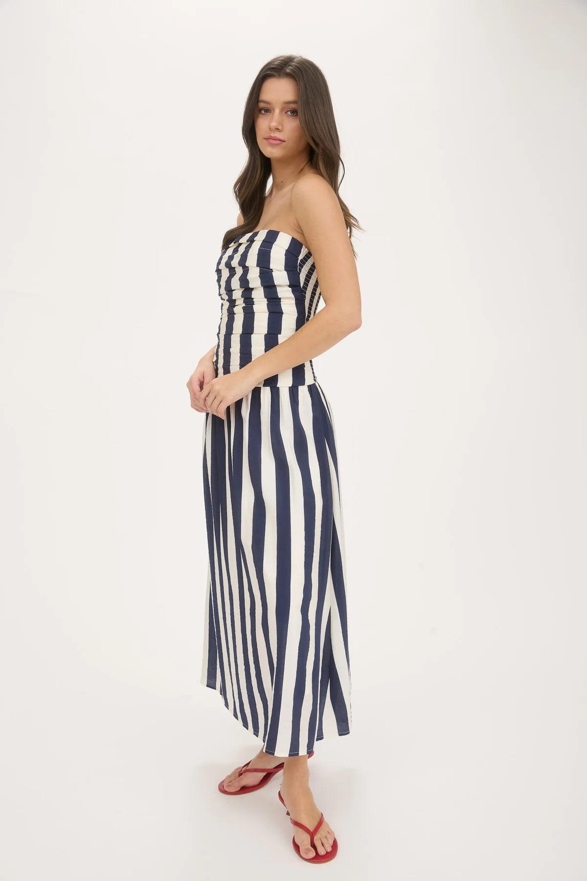 navy vertical stripe strapless midi dress
