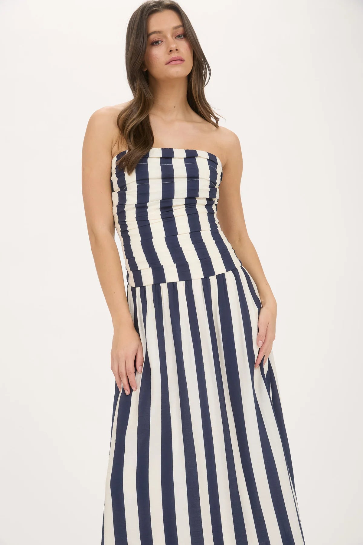 navy vertical stripe strapless midi dress