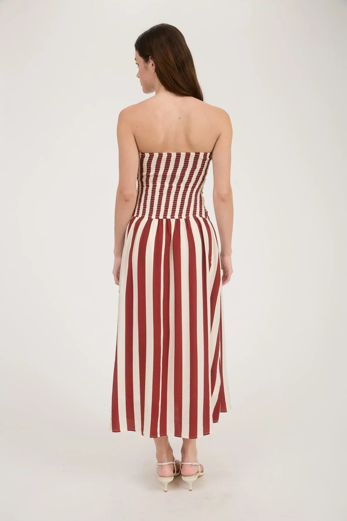 brick red vertical stripe strapless midi dress