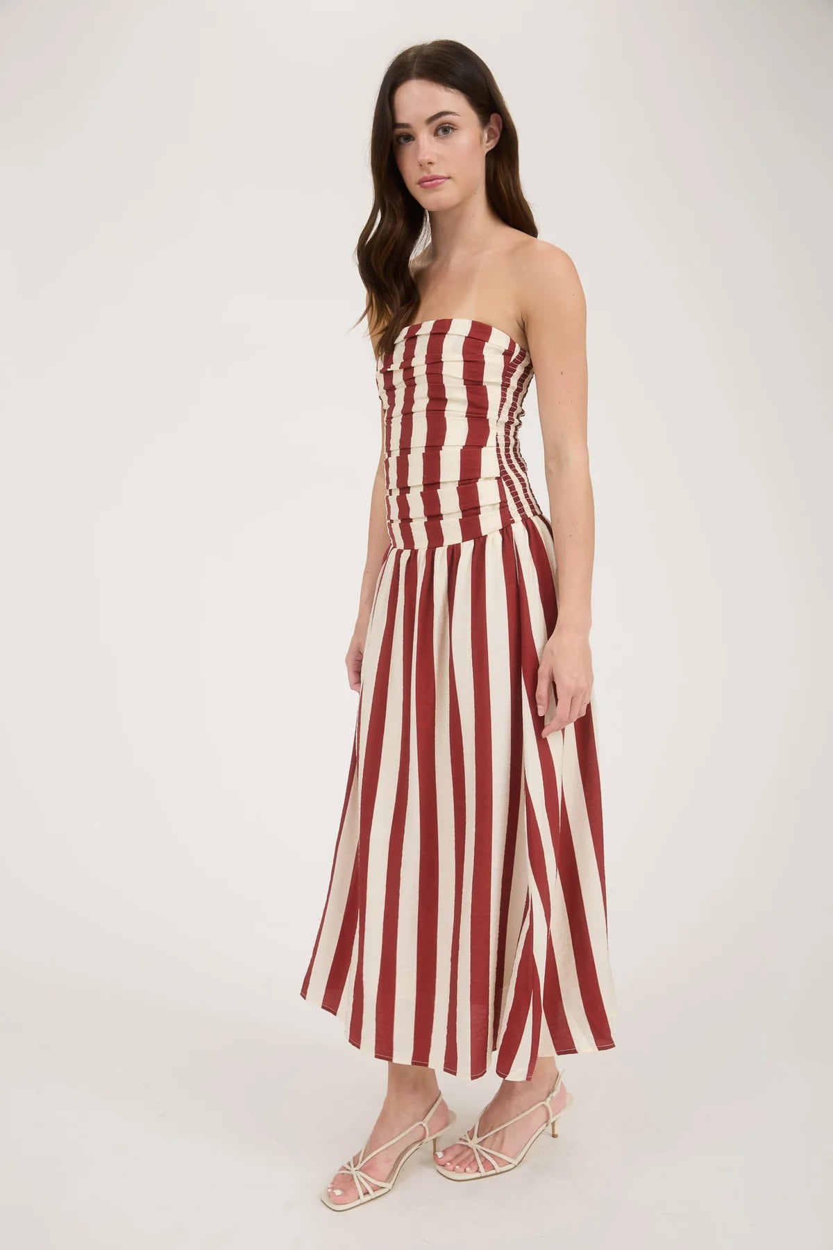 brick red vertical stripe strapless midi dress