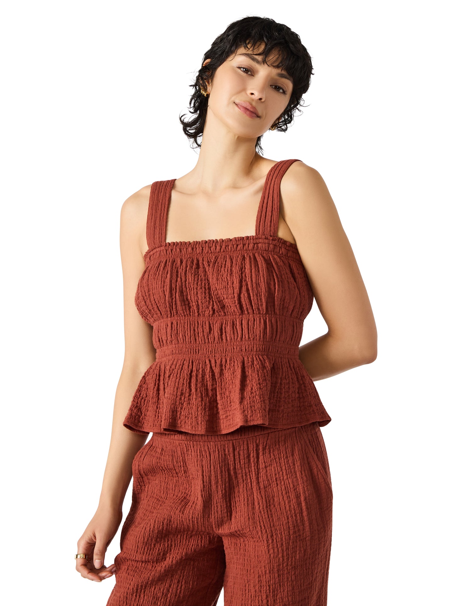 gabrielle dusty brick ruched tank