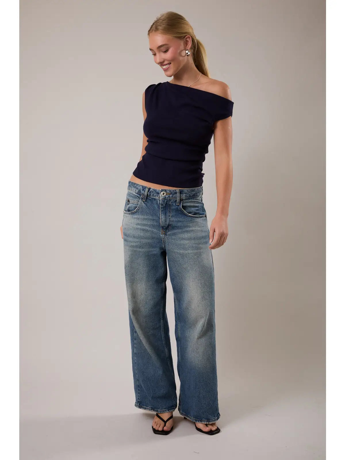 faith asymmetrical knit blouse navy