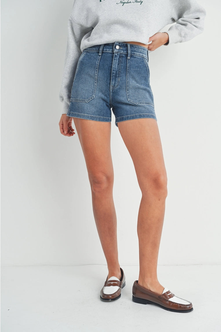 highrise denim utility short med wash