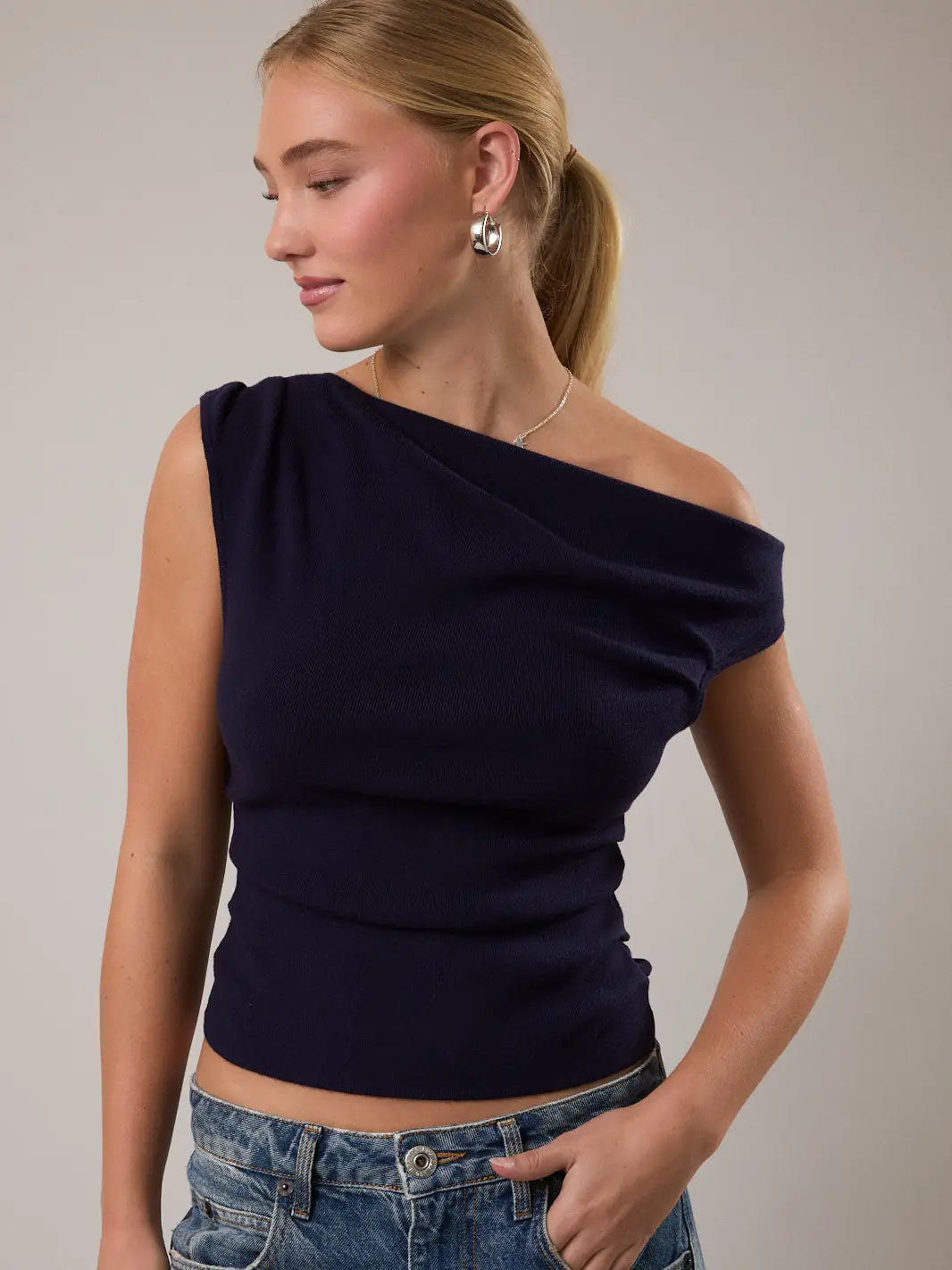 faith asymmetrical knit blouse navy