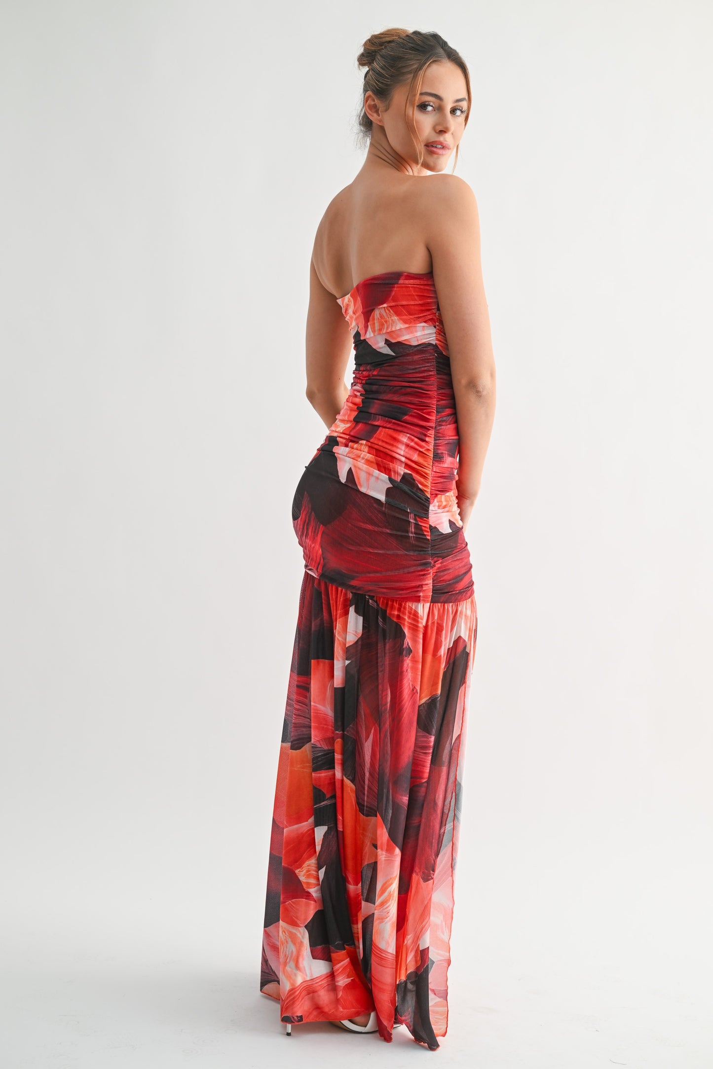orange bloom strapless maxi