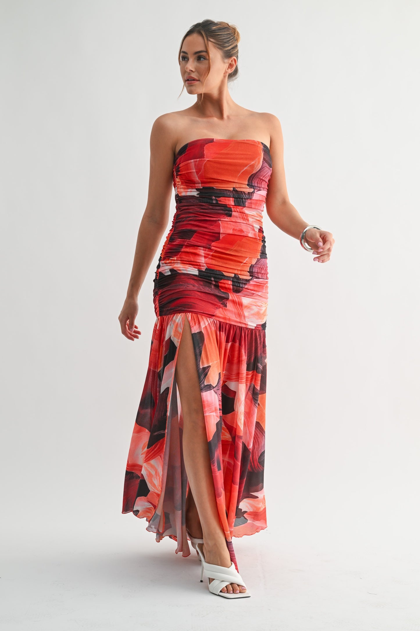 orange bloom strapless maxi