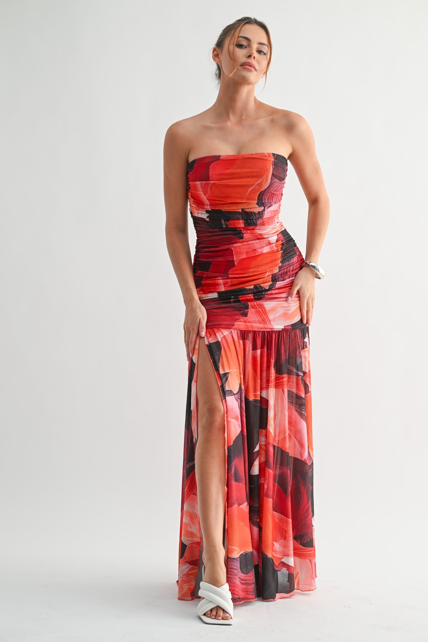 orange bloom strapless maxi