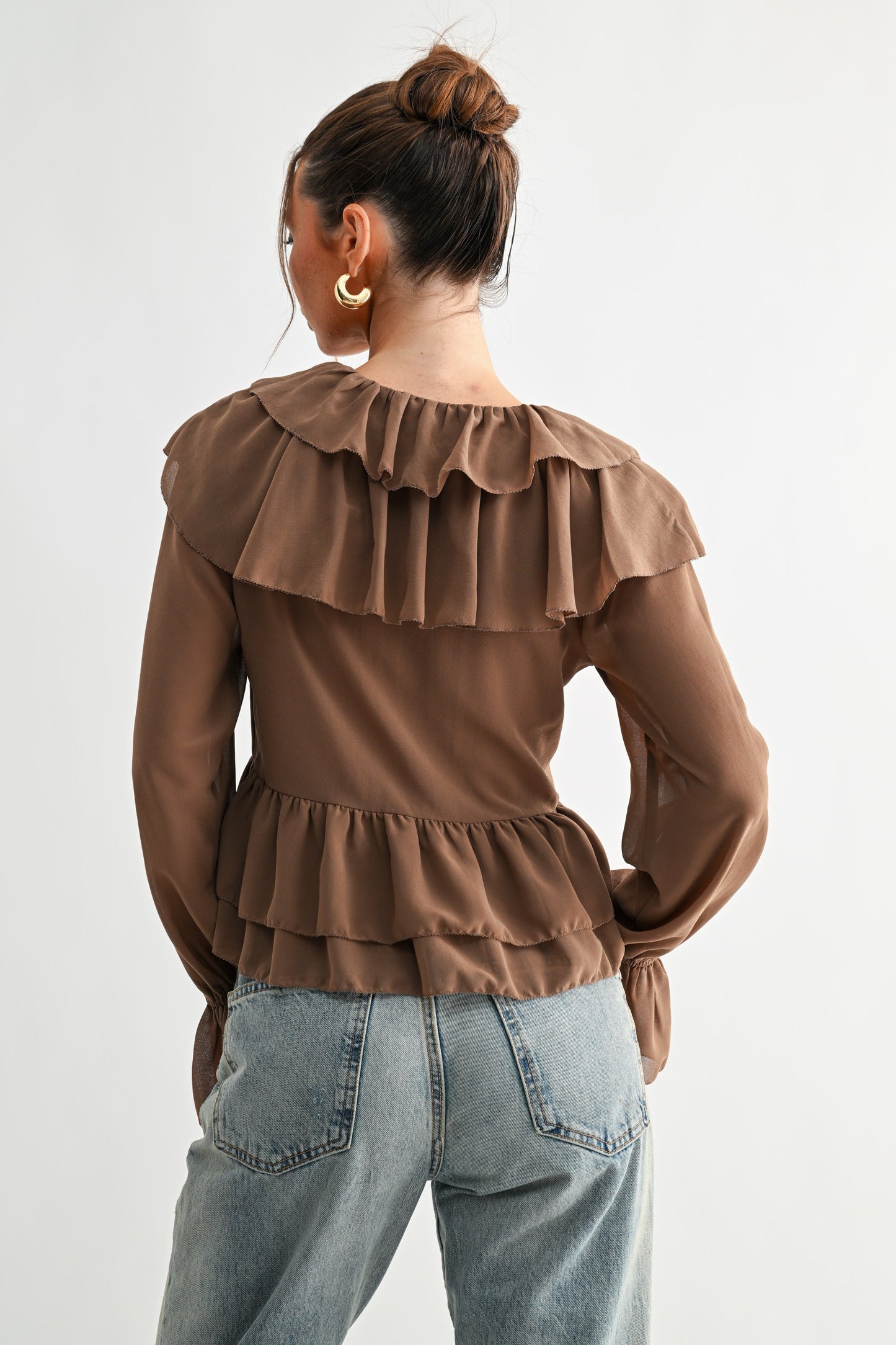 cascading mocha ruffle blouse