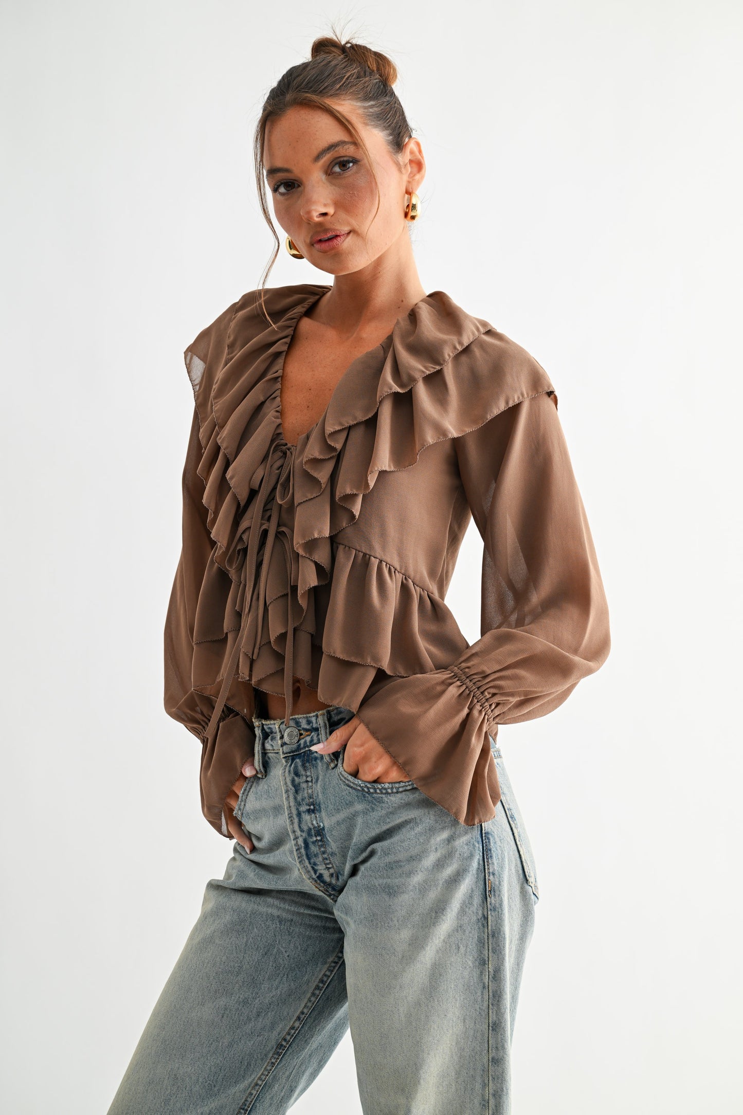 cascading mocha ruffle blouse
