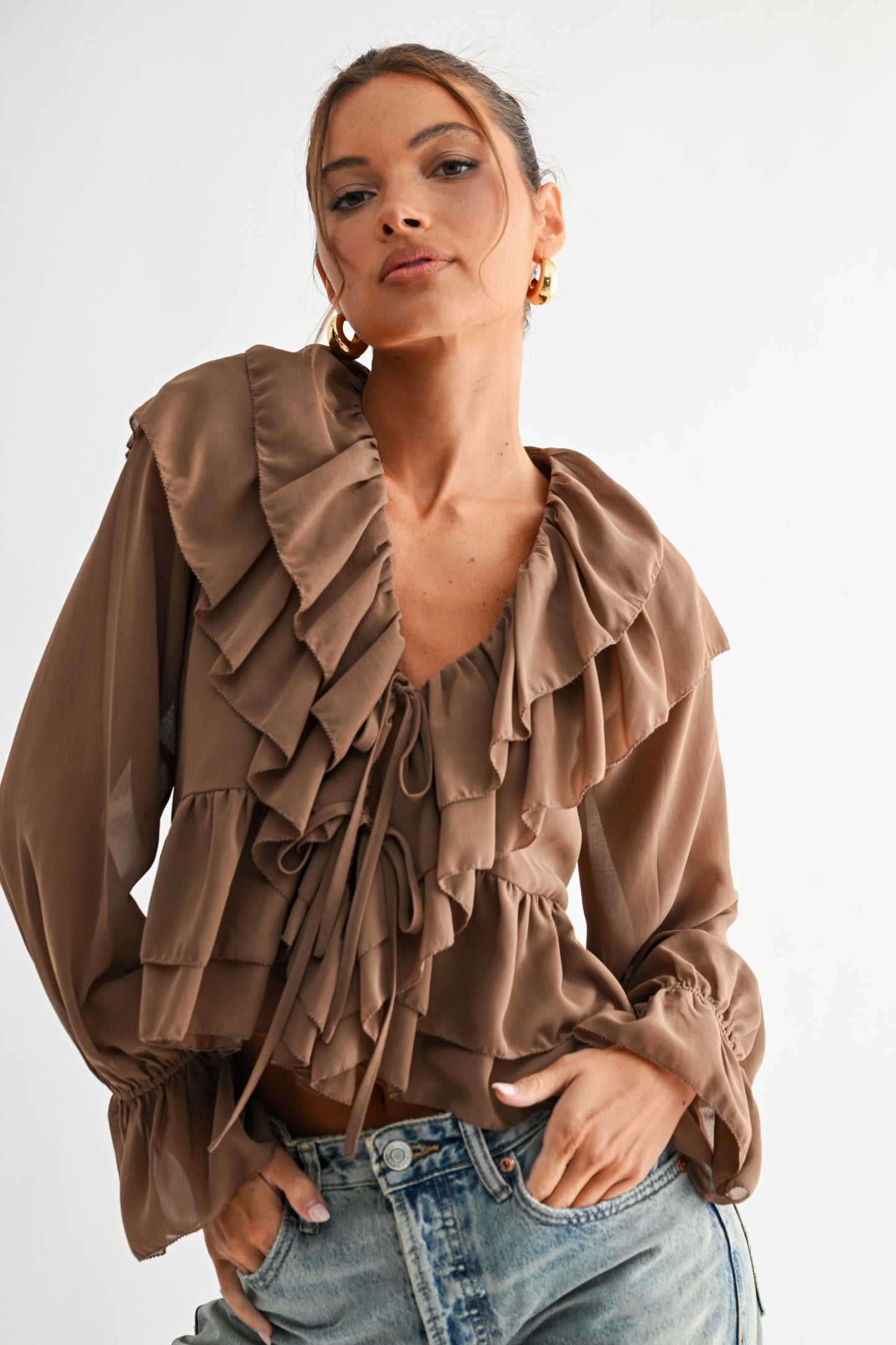 cascading mocha ruffle blouse