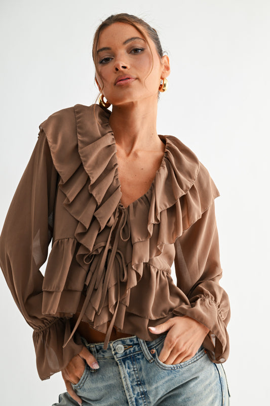 cascading mocha ruffle blouse