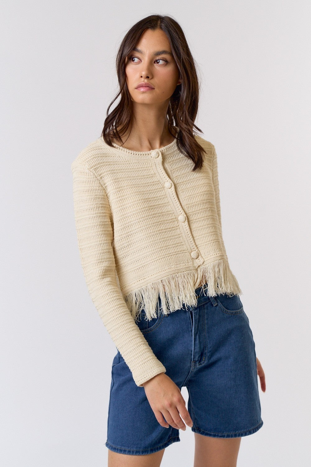 fringe cream knit cardi