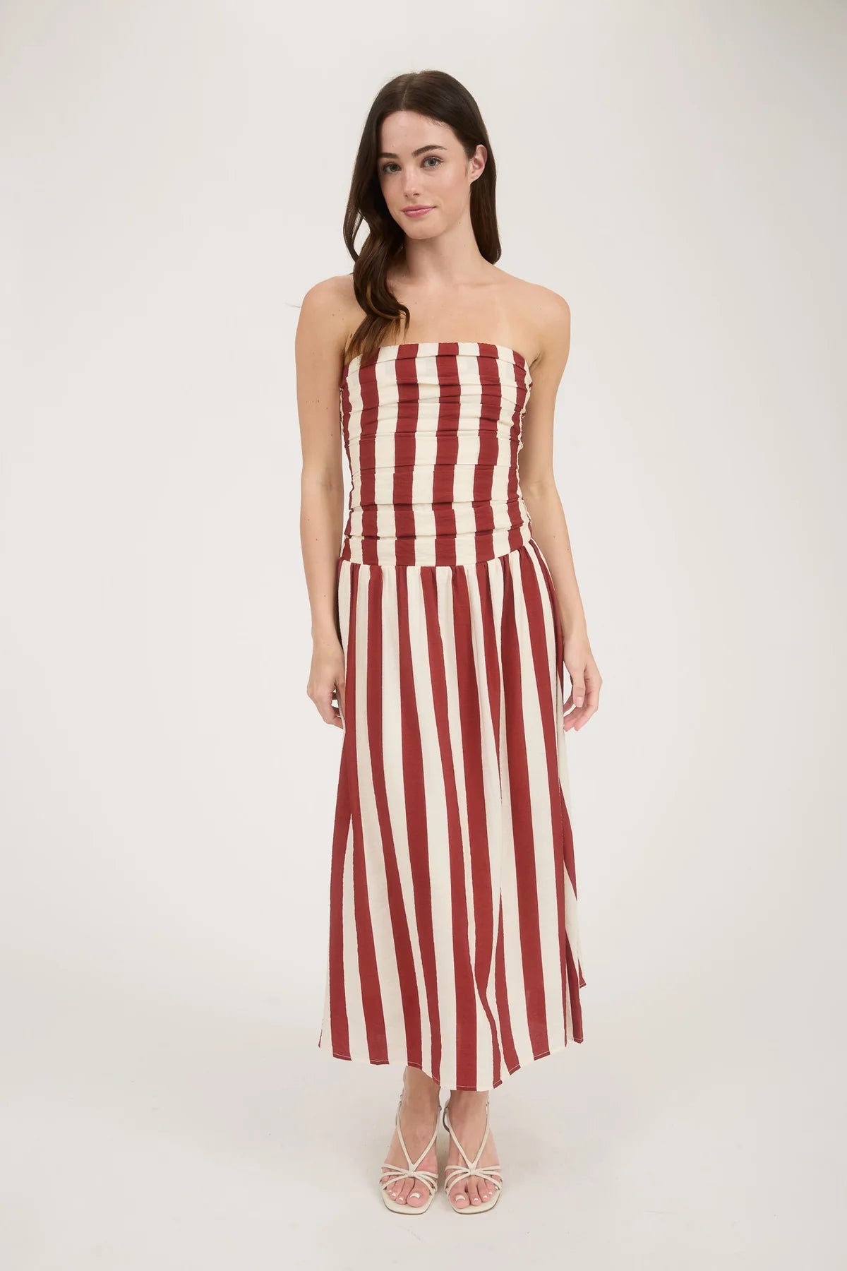 brick red vertical stripe strapless midi dress