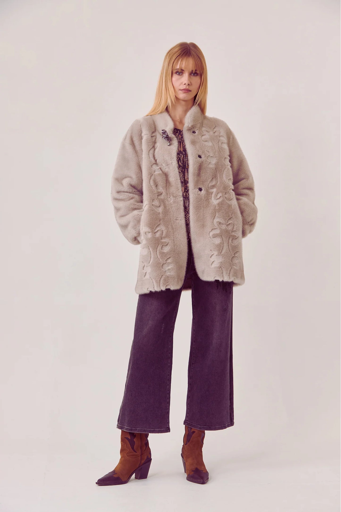 zinnia fur coat with brooch