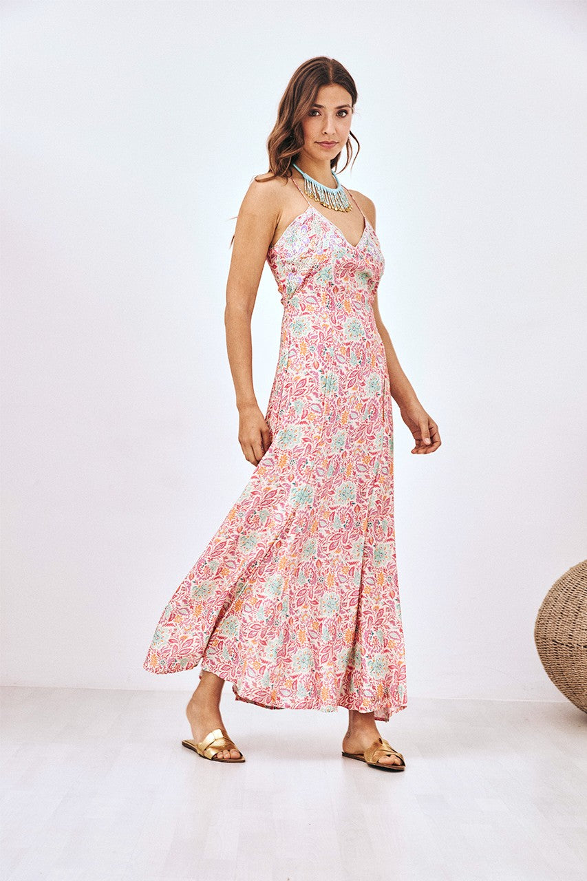 gf somia pink printed embroidered dress