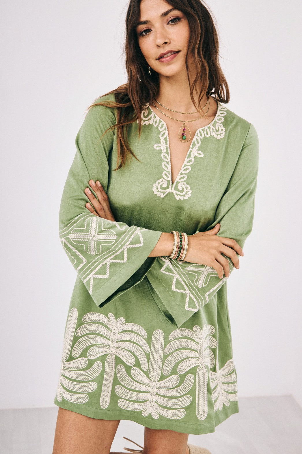 hj derva green embroidered dress