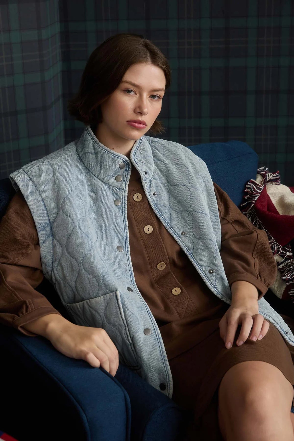 washed denim quilted vest