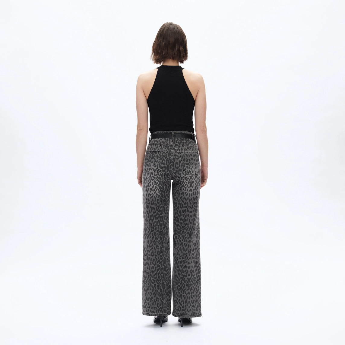 gray high rise leopard print denim