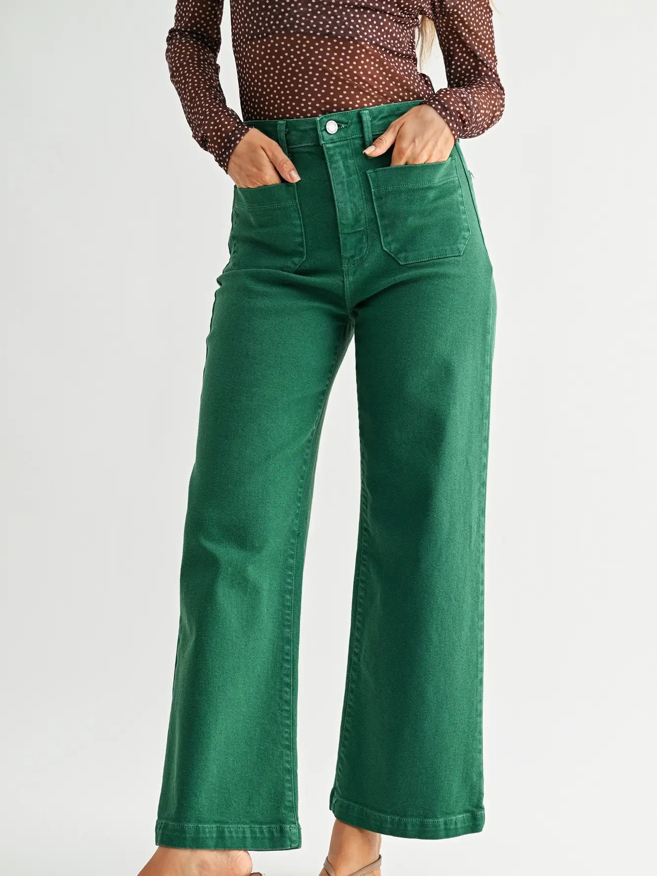 green patch pocket jeans