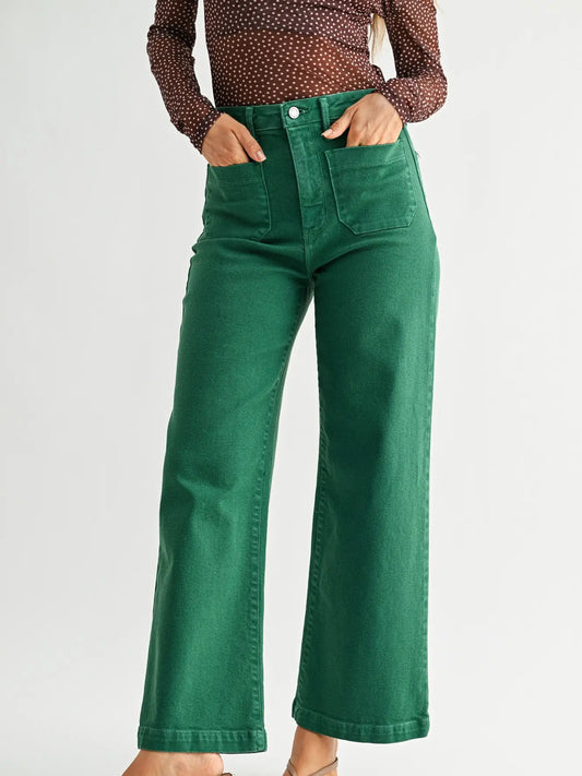 green patch pocket jeans