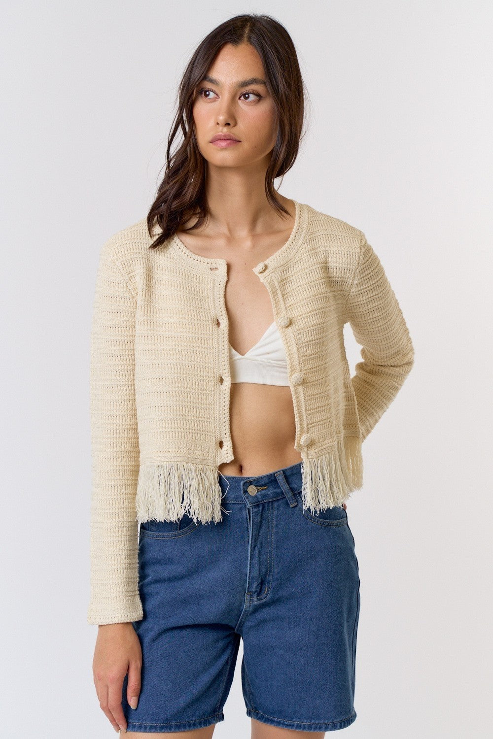 fringe cream knit cardi