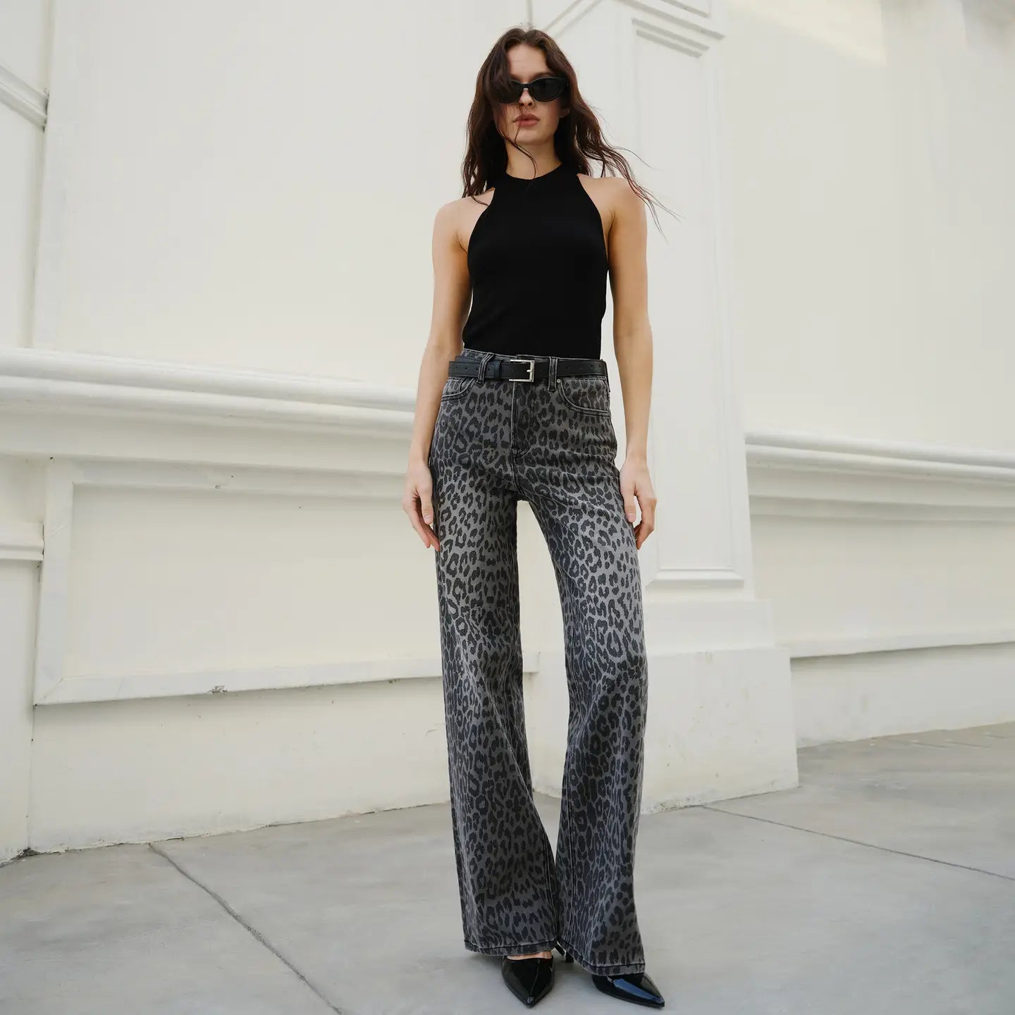 gray high rise leopard print denim