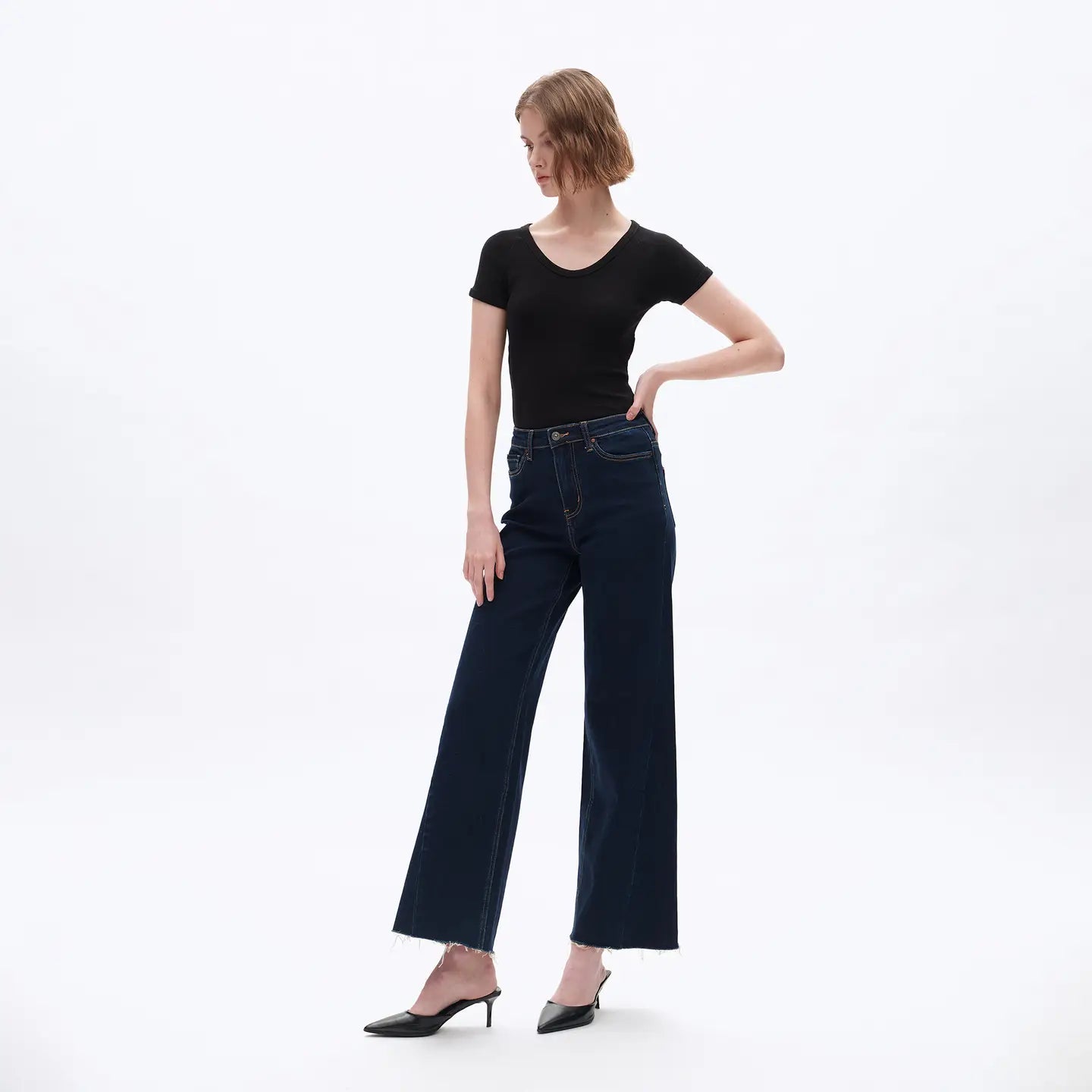 high rise wide leg with raw edge