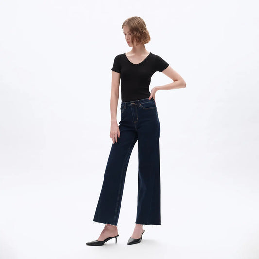 high rise wide leg with raw edge