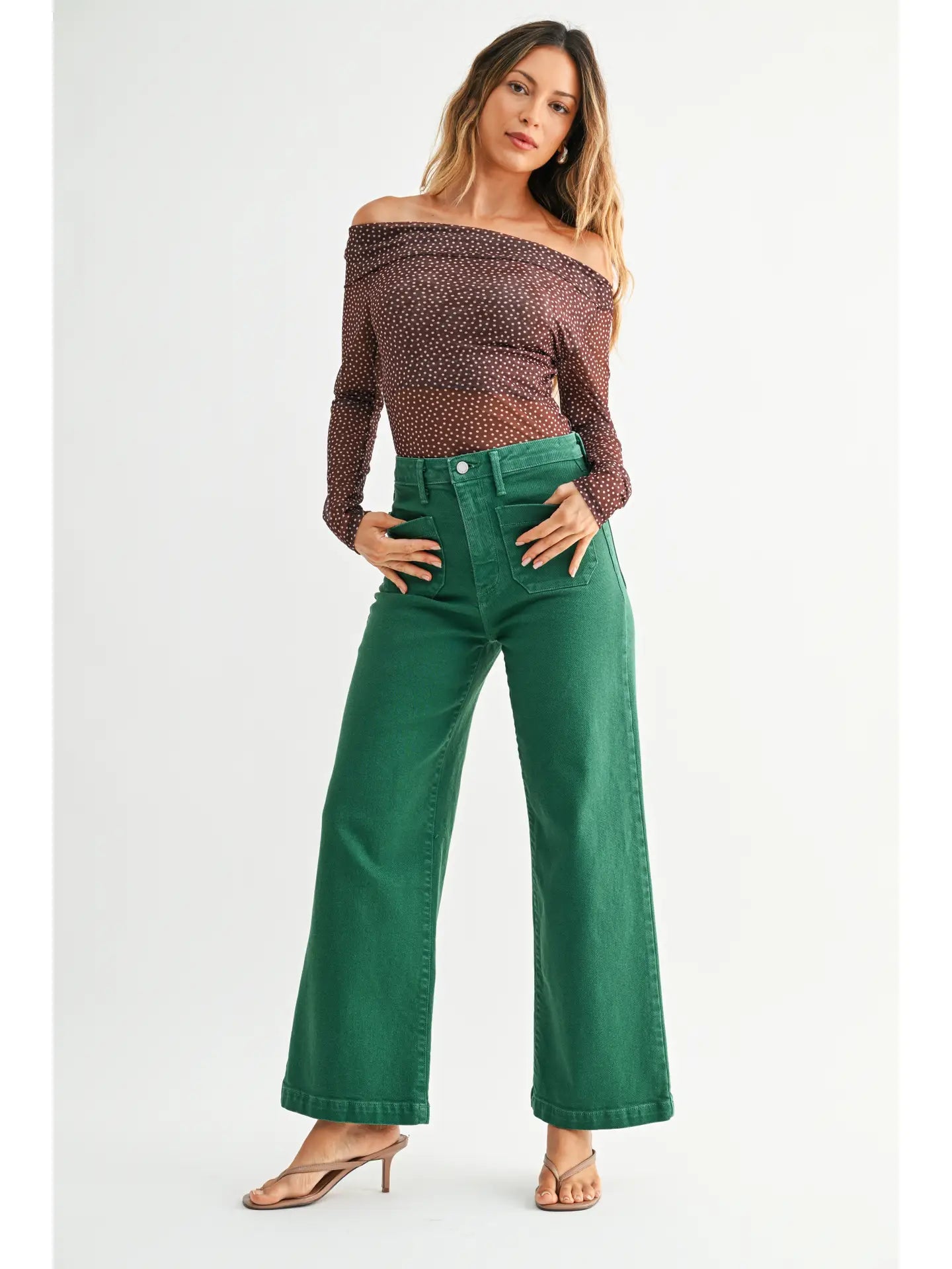 green patch pocket jeans