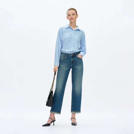 mid rise straight denim